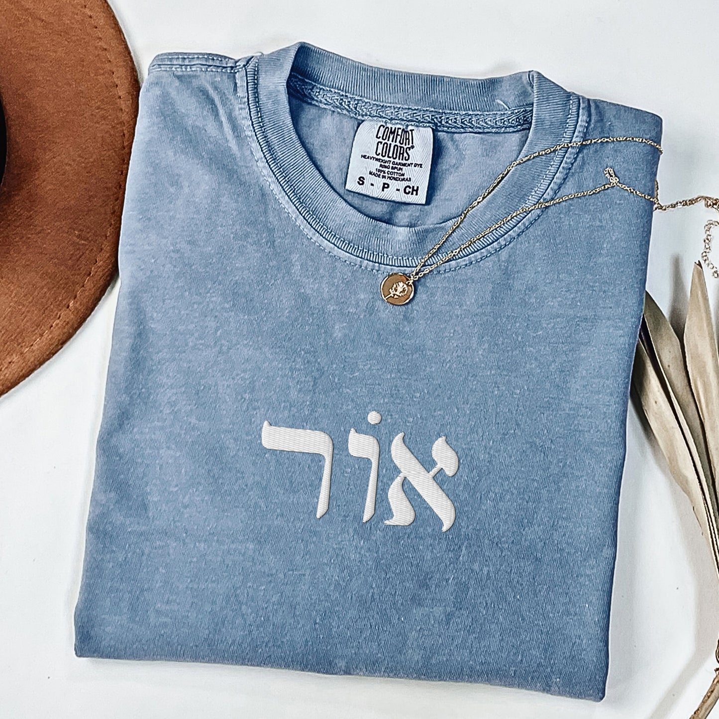 אור | Light In Hebrew Embroidered Washed T-shirt