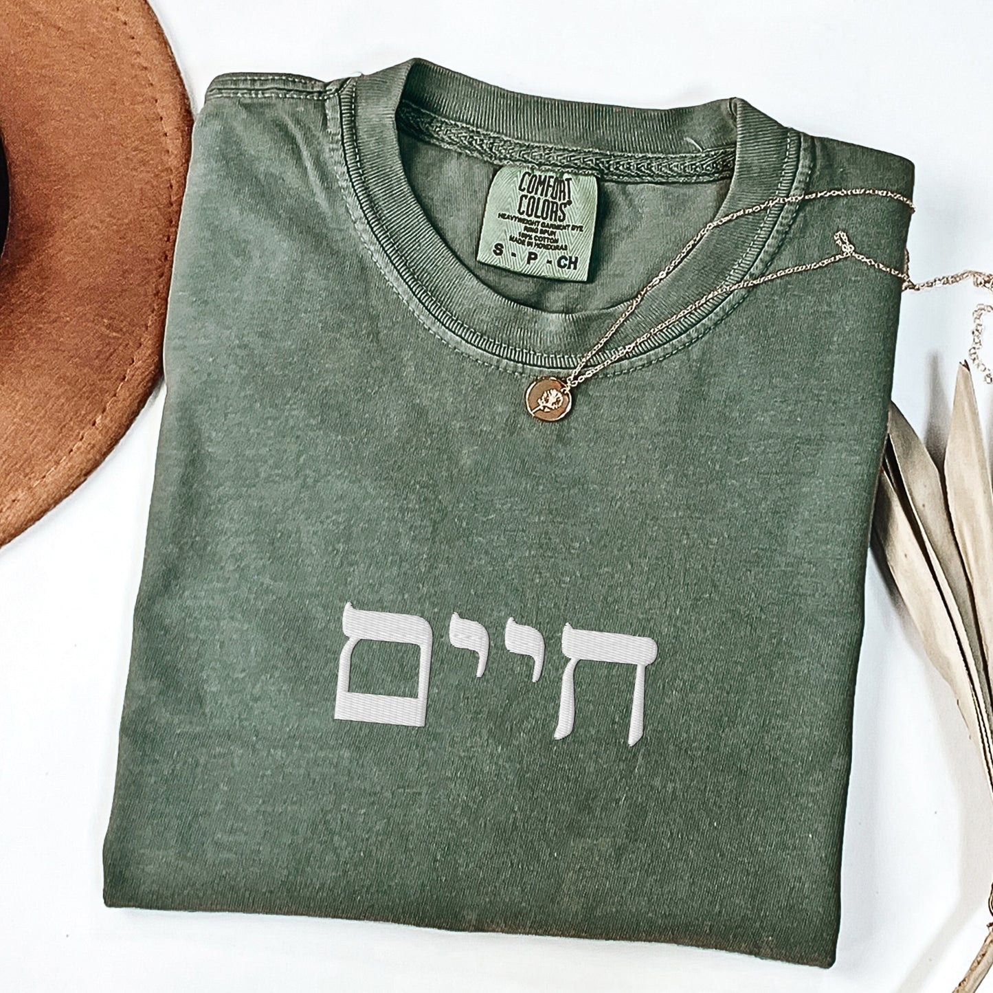 חיים | Life In Hebrew Embroidered Washed T-shirt