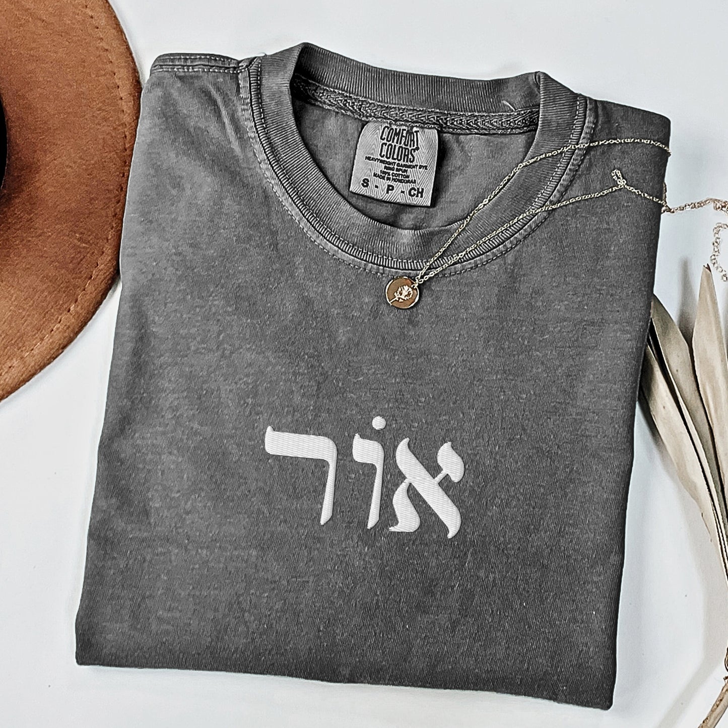 אור | Light In Hebrew Embroidered Washed T-shirt