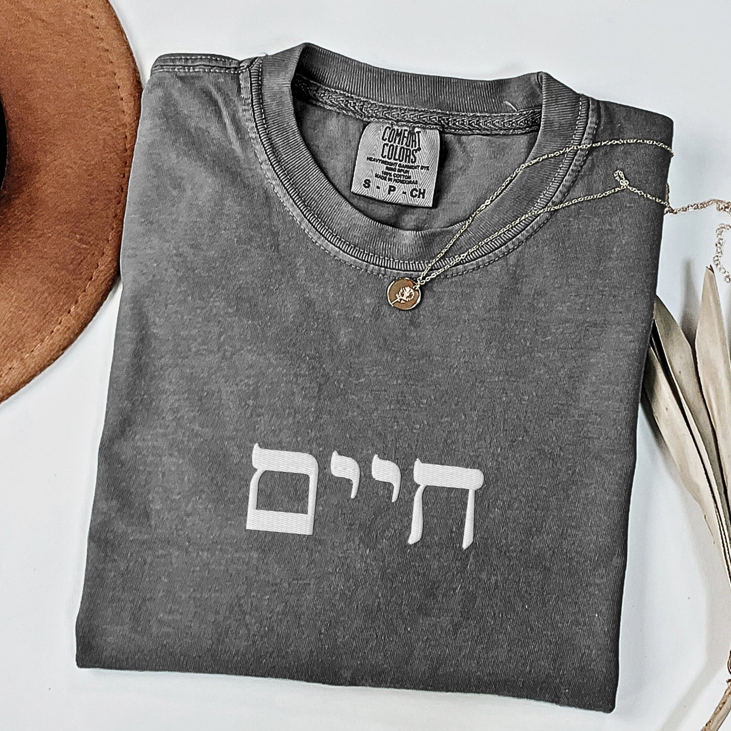 חיים | Life In Hebrew Embroidered Washed T-shirt