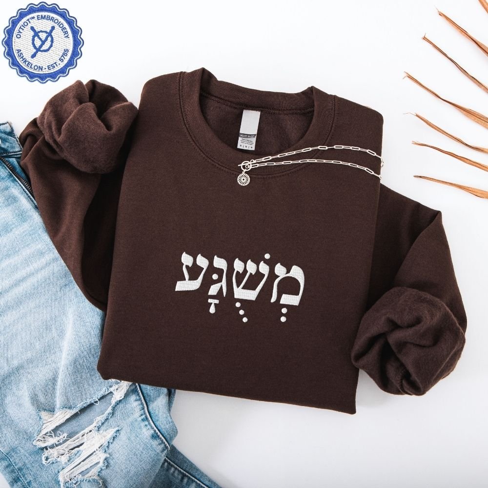 משוגע | Meshuga in Hebrew Embroidered Sweatshirt - Oytiot