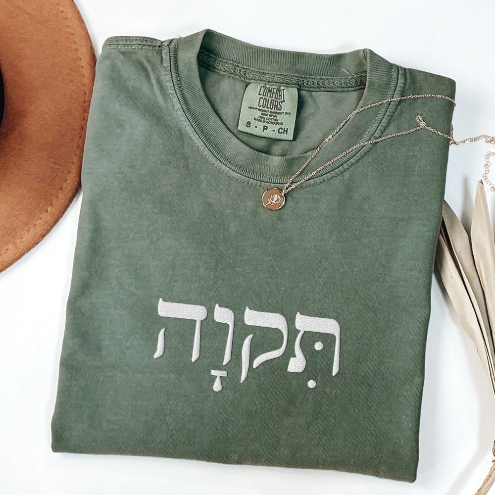 תקוה | Hope In Hebrew Embroidered Washed T-shirt - Oytiot