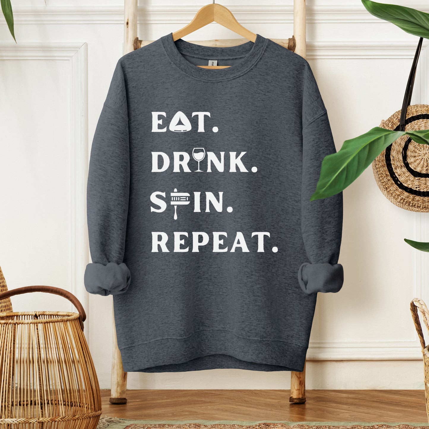 Purim Sweatshirt | Eat. Drink. Spin. Repeat.