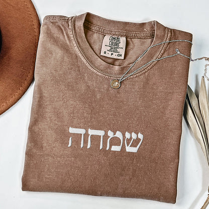 שמחה | Happiness In Hebrew Embroidered Washed T-shirt