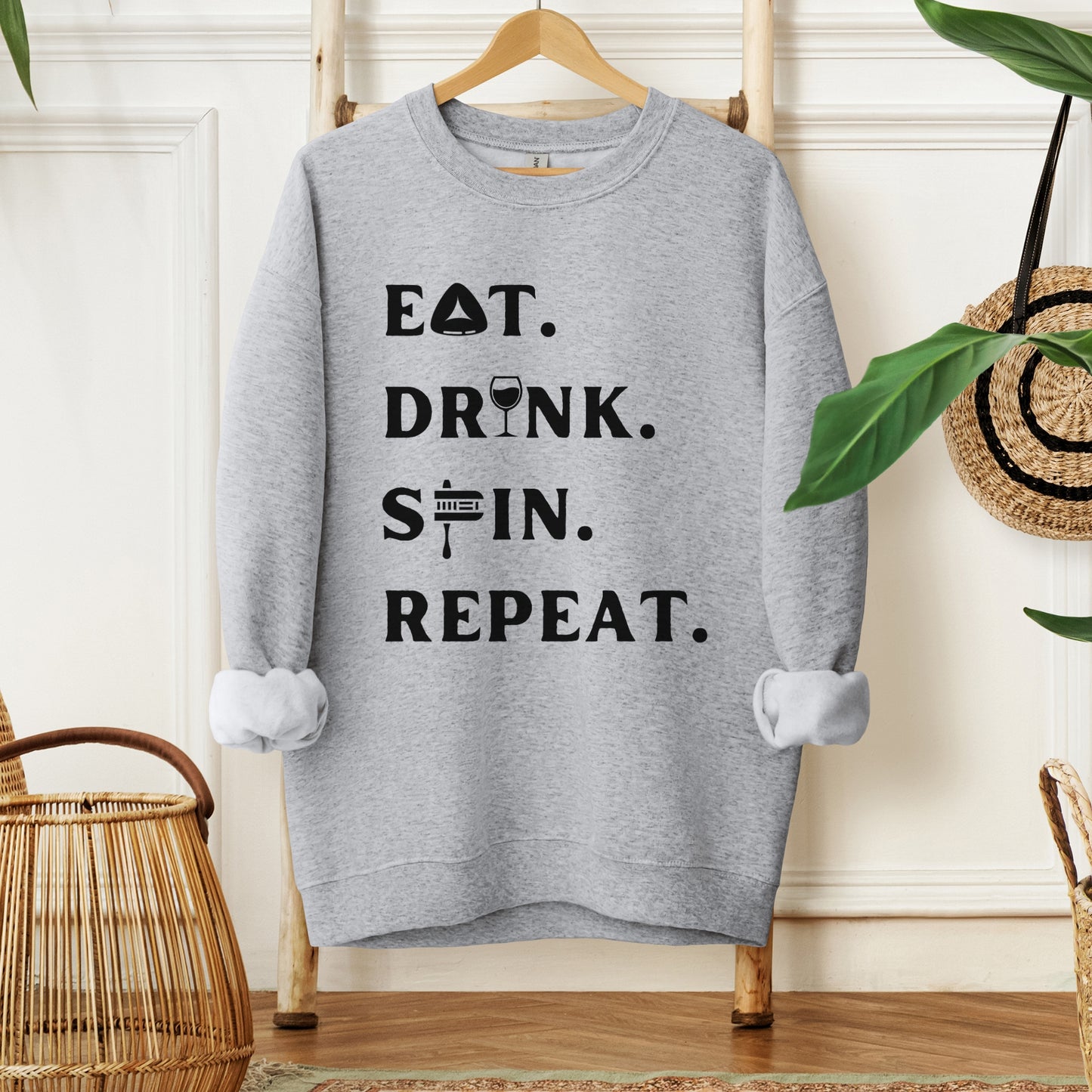 Purim Sweatshirt | Eat. Drink. Spin. Repeat.