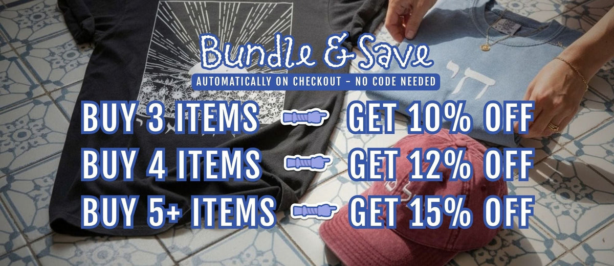 A promotional bundle graphic showing folded clothing items on a patterned floor, with large text offering bundle discounts: buy 3 items get 10% off, buy 4 items get 12% off, and buy 5+ items get 15% off. A person's hands are visible arranging the items.