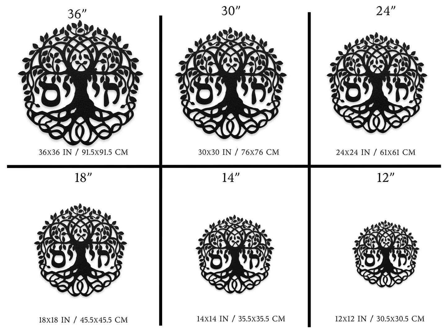 A size chart displaying six available sizes for the "חי" metal wall art with Tree of Life design: 36x36 inches (91.5x91.5 cm), 30x30 inches (76x76 cm), 24x24 inches (61x61 cm), 18x18 inches (45.5x45.5 cm), 14x14 inches (35.5x35.5 cm), and 12x12 inches (30.5x30.5 cm).