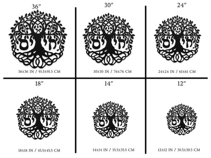 A size chart displaying six available sizes for the "חי" metal wall art with Tree of Life design: 36x36 inches (91.5x91.5 cm), 30x30 inches (76x76 cm), 24x24 inches (61x61 cm), 18x18 inches (45.5x45.5 cm), 14x14 inches (35.5x35.5 cm), and 12x12 inches (30.5x30.5 cm).