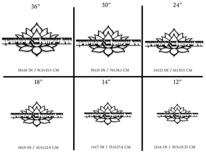 Size chart for the "יהי שלווה בארמונותיך" metal wall art with lotus flower design, showing available sizes: 36x18 inches (91.5x45.5 cm), 30x15 inches (76x38.1 cm), 24x12 inches (61x30.5 cm), 18x9 inches (45.5x22.9 cm), 14x7 inches (35.5x17.8 cm), and 12x6 inches (30.5x15.25 cm).