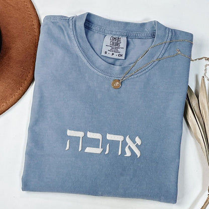 אהבה | Love In Hebrew Embroidered Washed T-shirt - Oytiot