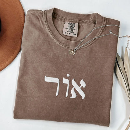 אור | Light In Hebrew Embroidered Washed T-shirt - Oytiot
