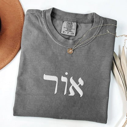 אור | Light In Hebrew Embroidered Washed T-shirt - Oytiot