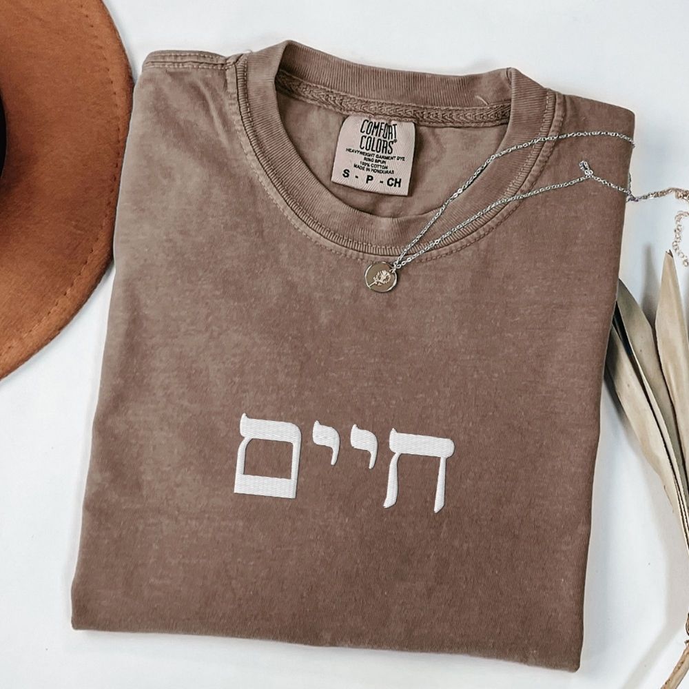 חיים | Life In Hebrew Embroidered Washed T-shirt - Oytiot