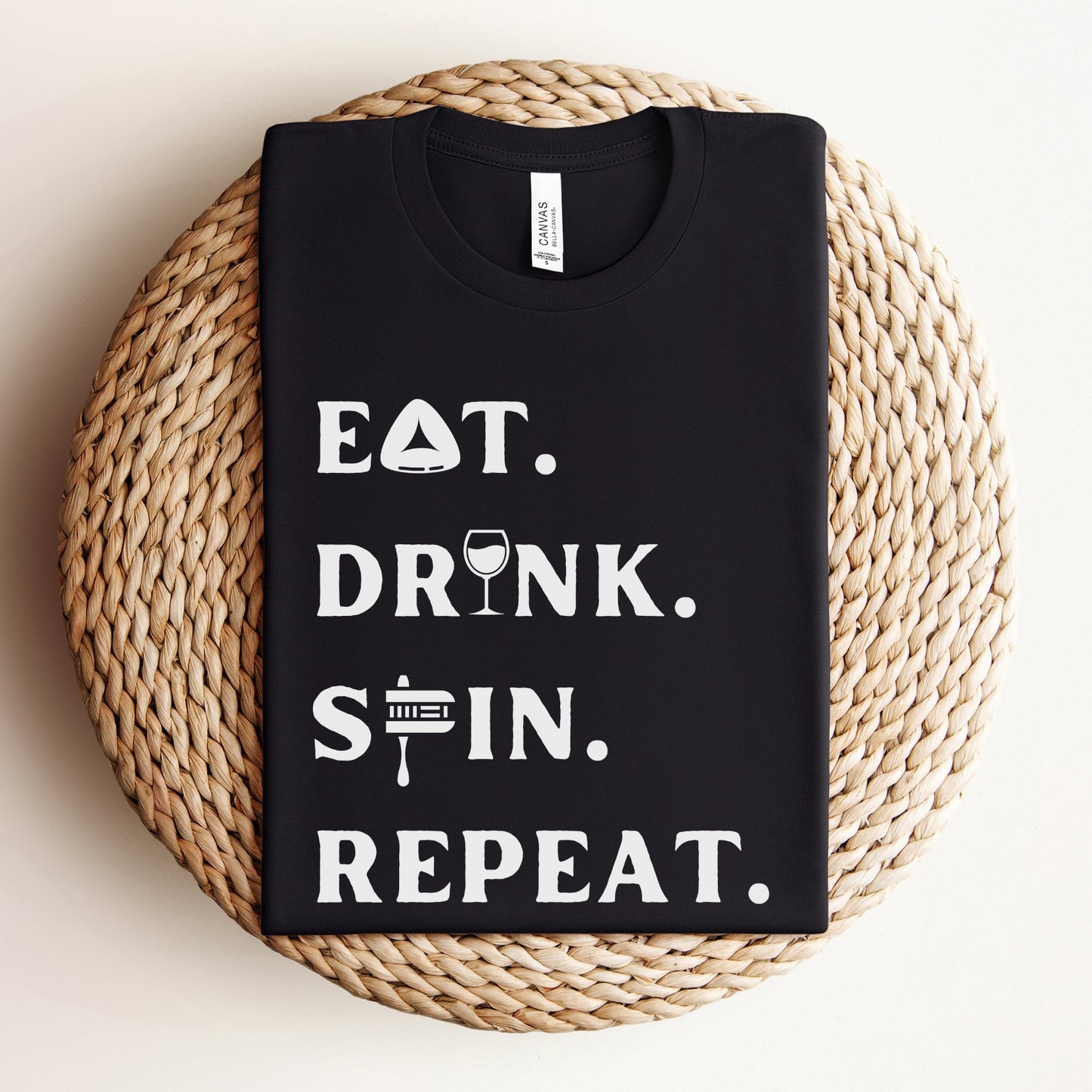 Purim T-shirt | Eat. Drink. Spin. Repeat. - Oytiot