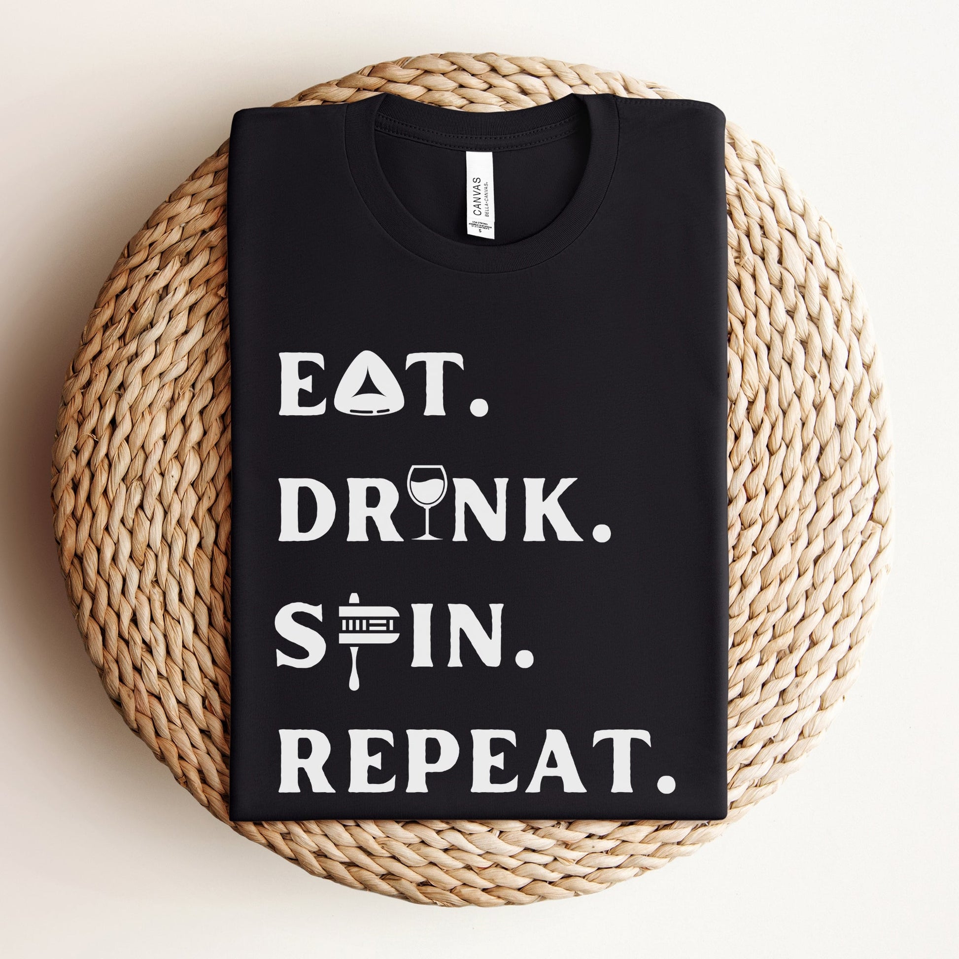 Purim T-shirt | Eat. Drink. Spin. Repeat. - Oytiot