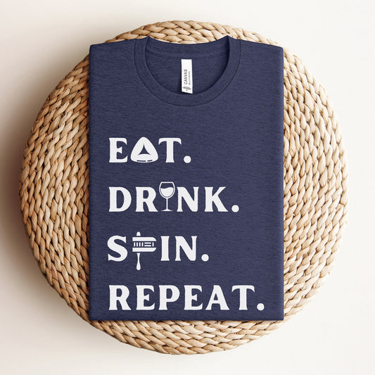 Purim T-shirt | Eat. Drink. Spin. Repeat. - Oytiot