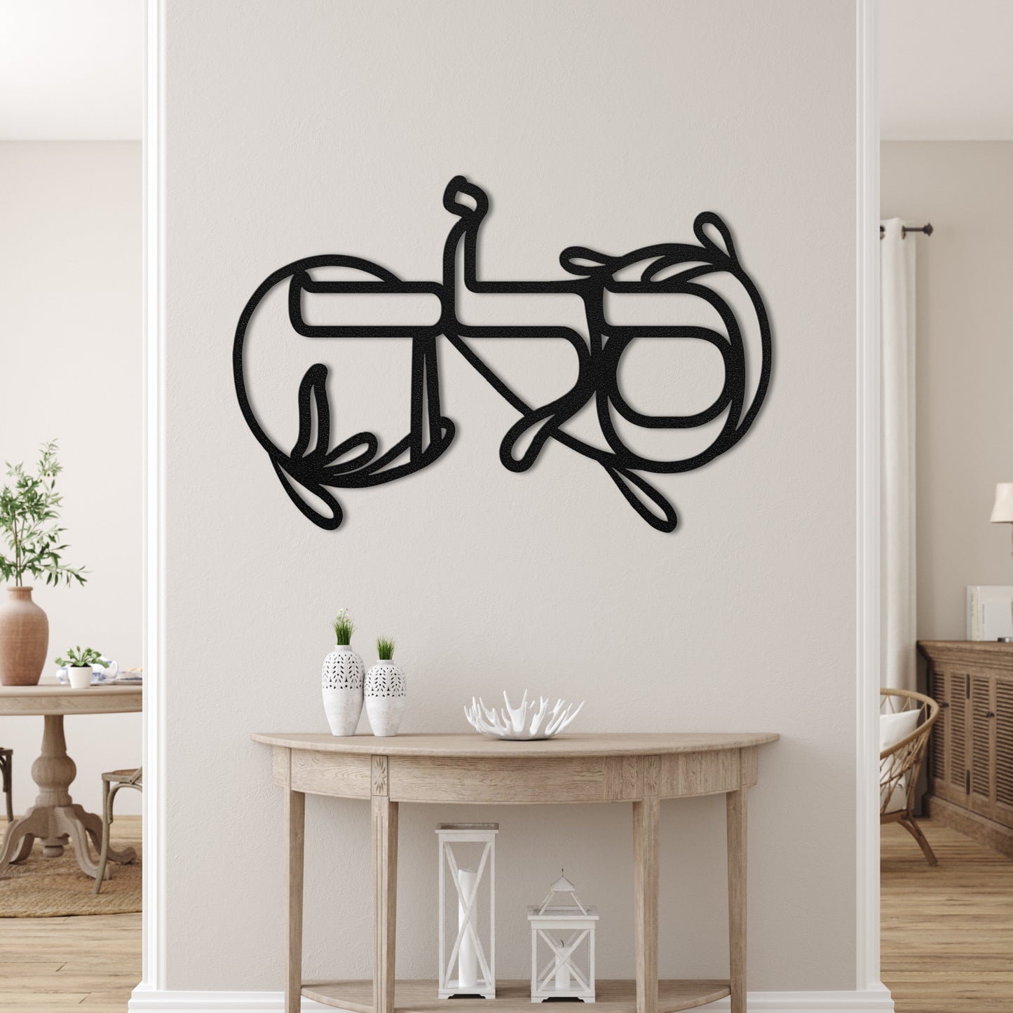 Minimalistic wall art of 'סלה' (Selah) in Hebrew, displayed in a bright, modern living space.