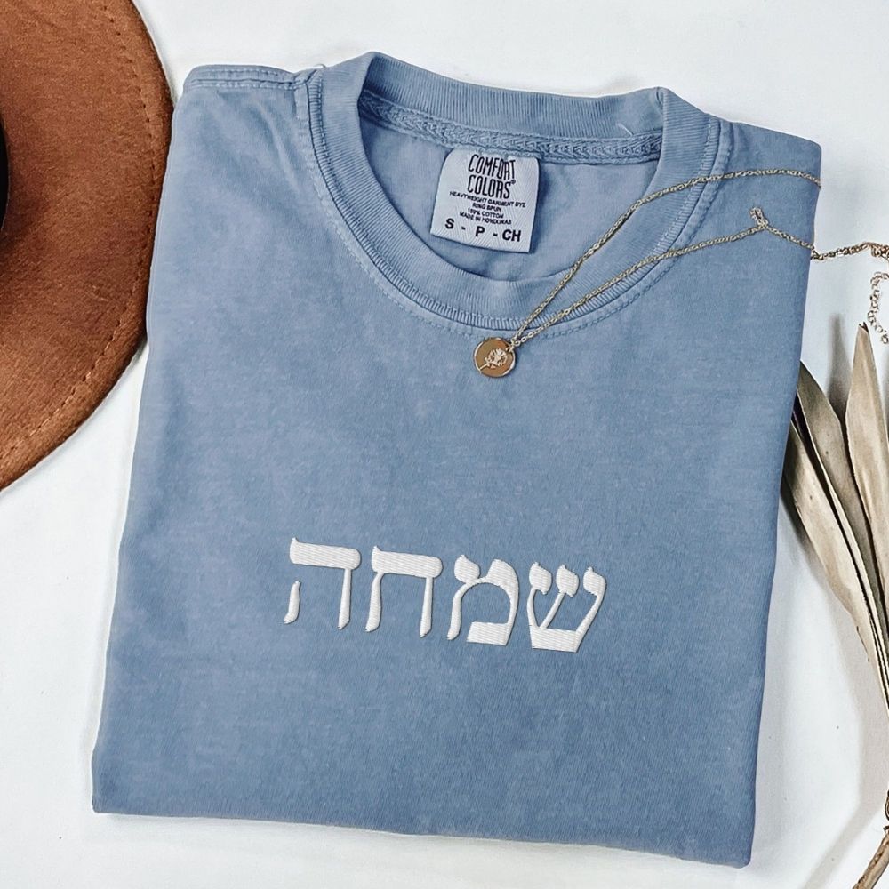 שמחה | Happiness In Hebrew Embroidered Washed T-shirt - Oytiot